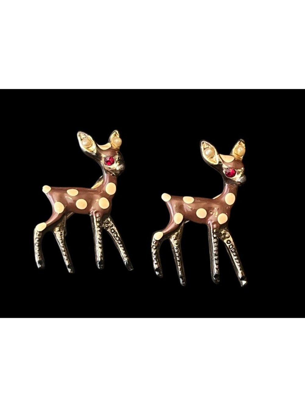 Vintage Gold-Tone Enamel Deer Brooches Red Rhinestone Eyes Set Of 2